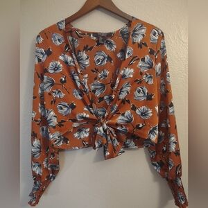 Forever 21 Contemporary Rust Floral Tie Front Crop Top Blouse | Size Large